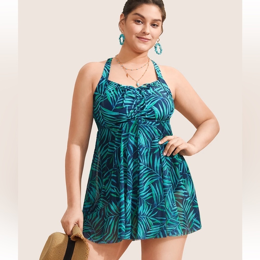 BloomChic Plus Size 4XL Tropical Plant Print Drawstring Swim Dress